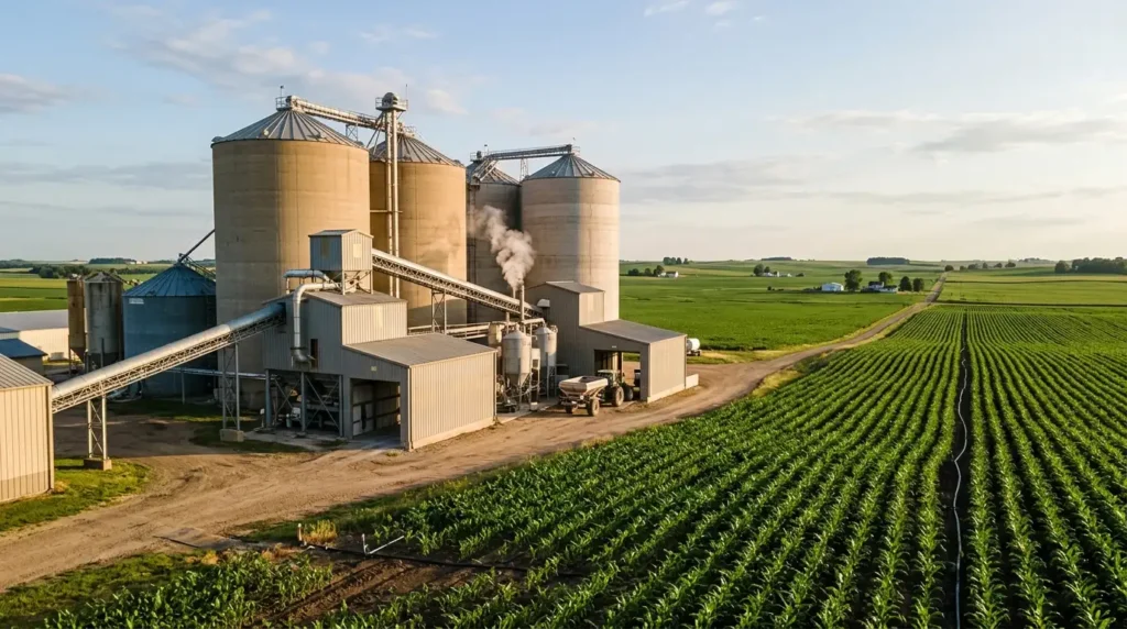 Large fertilizer silos and industrial storage facility for chemical processing
