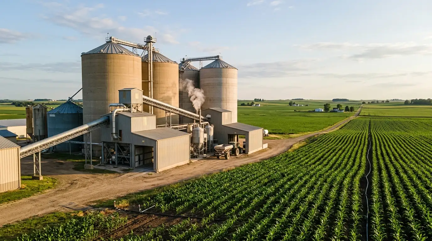 Large fertilizer silos and industrial storage facility for chemical processing